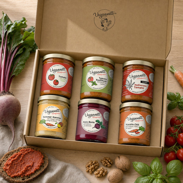 Vegannett Sechserbox Probierset mit 6 veganen Bio-Aufstrichen im Kraftkarton
